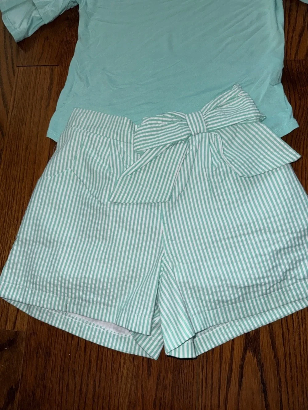 Girls aqua ruffle top and mint/white seersucker shorts with bow NWT